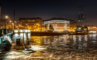 Картинка Санкт Петербург, ночь, вода, водный путь, отражение