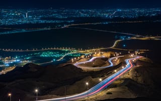 Картинка Города, Дорога, Огни Города, Абу-Даби, Объединенные Арабские Эмираты, Ночной Город, Длительное Воздействие