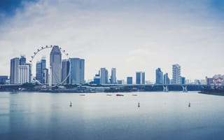 Картинка Города, Берег, Небоскребы, Сингапур, Колесо Обозрения