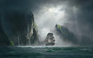 Картинка Арт, Море, Корабль, Скалы, Туман