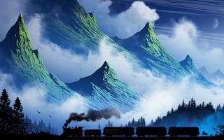 Картинка Арт, Горы, Поезд, Дым, Туман