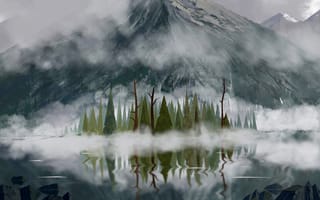 Картинка Деревья, Арт, Горы, Вершины, Туман