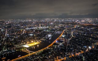 Картинка Города, Река, Строения, Сумида, Ночной Город, Япония