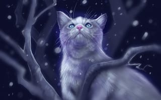 Картинка Арт, Снег, Взгляд, Кошка, Блики
