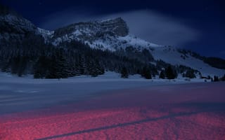 Картинка Зима, Пейзаж, Ночь, Природа, Горы, Снег, Франция
