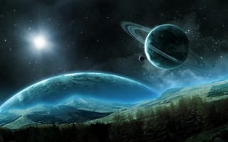 Картинка Космос, Ночь, Сатурн, Планета, Космический, Кольца, Спутник