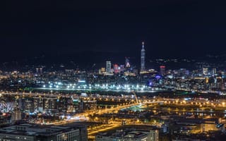Картинка Города, Вид Сверху, Тайвань Тайбэй, Небоскребы, Огни Города, Ночной Город