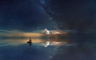 Картинка Природа, Звездное Небо, Лодка, Парус, Ночь, Отражение