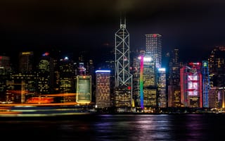 Картинка Города, Ночь, Небоскребы, Гонконг, Берег