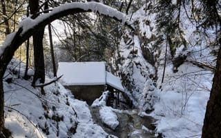 Картинка Пейзаж, Зима, Красиво, Река, Лес, Природа, Мельница