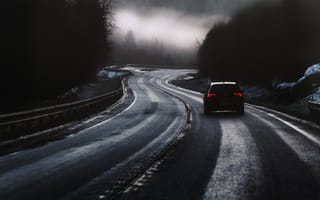 Картинка Тачки (Cars), Дорога, Автомобиль, Сумерки, Туман