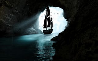 Картинка Темный, Темные, Арт, Лодка, Вода, Пещера