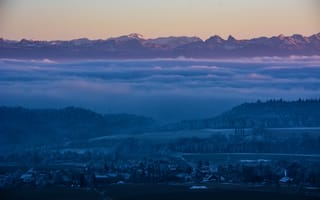 Картинка Зима, Природа, Горы, Швейцария, Небо, Сумерки, Туман