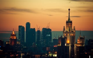 Картинка Города, Закат, Москва, Огни