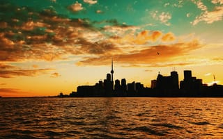 Картинка Города, Закат, Торонто, Море, Здания, Канада