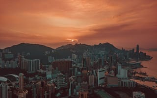 Картинка Города, Закат, Город, Небо, Гонконг, Небоскребы, Вид Сверху