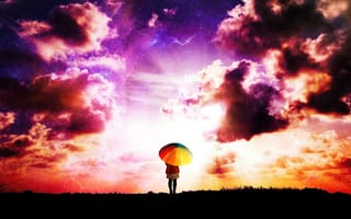 Картинка Облака, Разное, Человек, Зонт, Фотошоп, Разноцветный