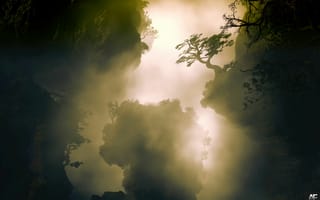 Картинка Деревья, Арт, Холмы, Обрывы, Туман