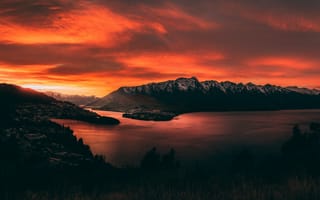 Картинка Природа, Закат, Новая Зеландия, Озеро, Огненный, Горы, Небо