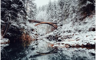 Картинка Пейзаж, Зима, Снег, Природа, Река, Мост