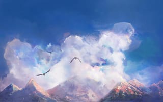 Картинка Птицы, Арт, Горы, Облака
