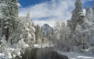 Картинка Природа, Река, Снег Деревья, Гора, Долина