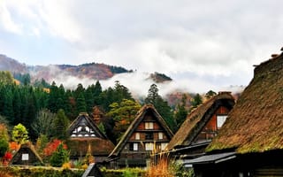 Картинка Япония, Горы, Деревья, Города, Дома, Сиракава