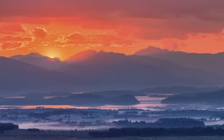 Картинка Природа, Закат, Туман, Горы, Лох-Ломонд, Шотландия