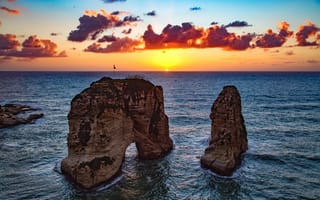 Картинка Природа, Закат, Море, Ливан, Бейрут, Скалы Рауше