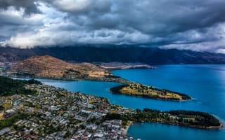 Картинка Природа, Горы, Вид Сверху, Облака, Город, Новая Зеландия, Озеро