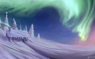 Картинка Зима, Деревья, Северное Сияние, Снег, Арт, Дом