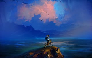 Картинка Арт, Море, Облака, Скала, Обрыв, Велосипедист