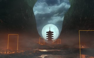 Обои Арт, Ночь, Пещера, Туман, Пагода, Луна