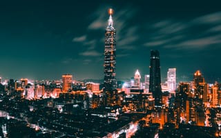 Картинка Города, Вид Сверху, Тайвань, Огни Города, Ночной Город, Небоскребы