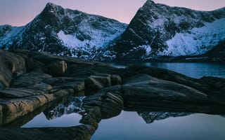 Картинка Природа, Закат, Озеро, Гора, Заснеженный, Норвегия
