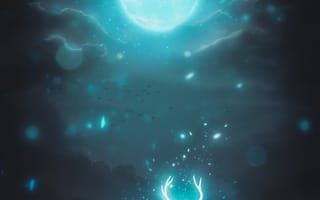 Картинка Арт, Ночь, Свечение, Луна, Блики, Олень