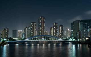 Картинка Города, Река, Ночной Город, Токио, Япония, Небоскребы, Мост