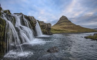 Картинка Холмы, Природа, Водопад, Исландия