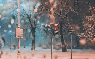 Картинка Зима, Снег, Светофор, Разное, Улица, Метель