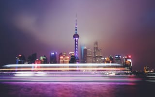 Картинка Города, Ночь, Мегаполис, Архитектура, Шанхай, Длинная Экспозиция, Городской Пейзаж, Огни