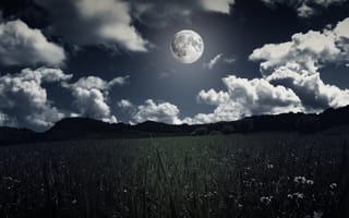 Картинка Луна, Природа, Трава, Фотошоп, Облака, Поле, Полнолуние