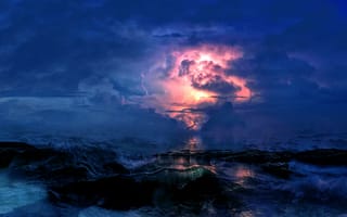 Картинка Природа, Море, Молния, Буря, Облака, Пасмурно, Волны