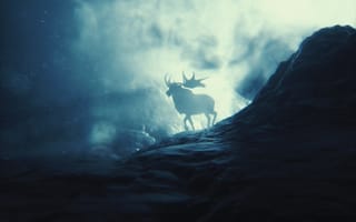 Картинка Животные, Камни, Свет, Горы, Дым, Лось, Рога, Силуэт