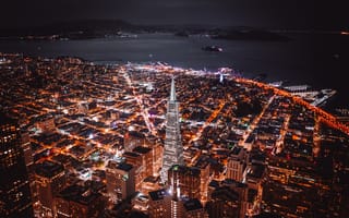 Картинка Города, Архитектура, Ночной Город, Огни, Побережье, Вид Сверху, Сан-Франциско, Здания