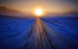 Картинка природа, дороги, закат, снег, дорога, зима