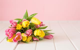 Обои тюльпаны, flowers, spring, букет, yellow, весна, tulips, pink, fresh, желтые, розовые