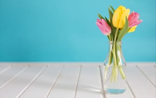 Картинка тюльпаны, tulips, tender, pink, wood, розовые, fresh, желтые, весна, yellow, букет, spring, flowers