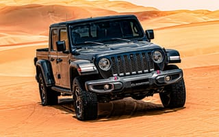 Картинка 2020 jeep gladiator, jeep, gladiator, 2020, вид, спереди, экстерьер, внедорожник, новый, черный, пустыня, американские