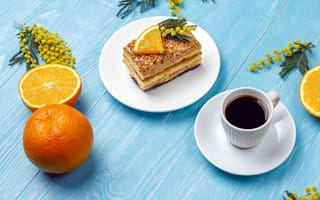 Картинка еда, кофе, кофейные зёрна, мимоза, апельсин, пирожное