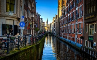 Картинка города, амстердам , нидерланды, канал, дома, велосипеды
